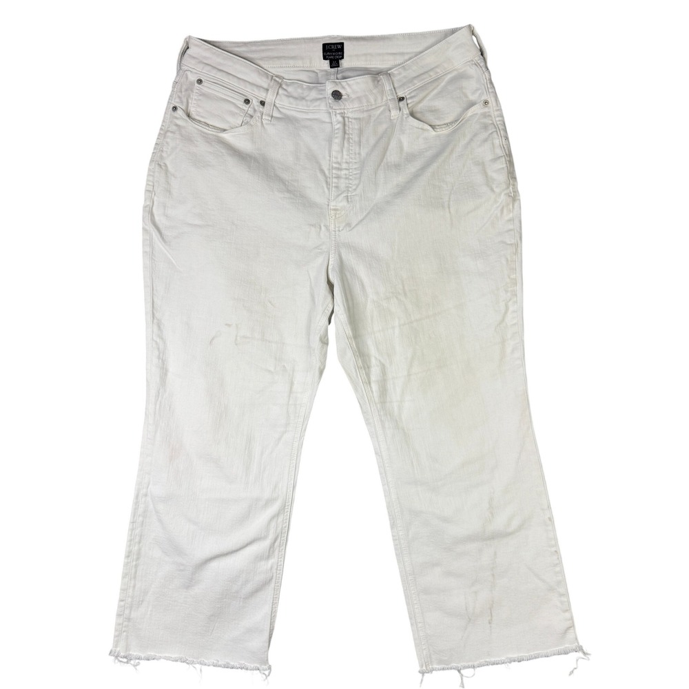 J.Crew Curvy Mid-Rise Flare Crop Jeans White Raw Hem Size 34 CG432